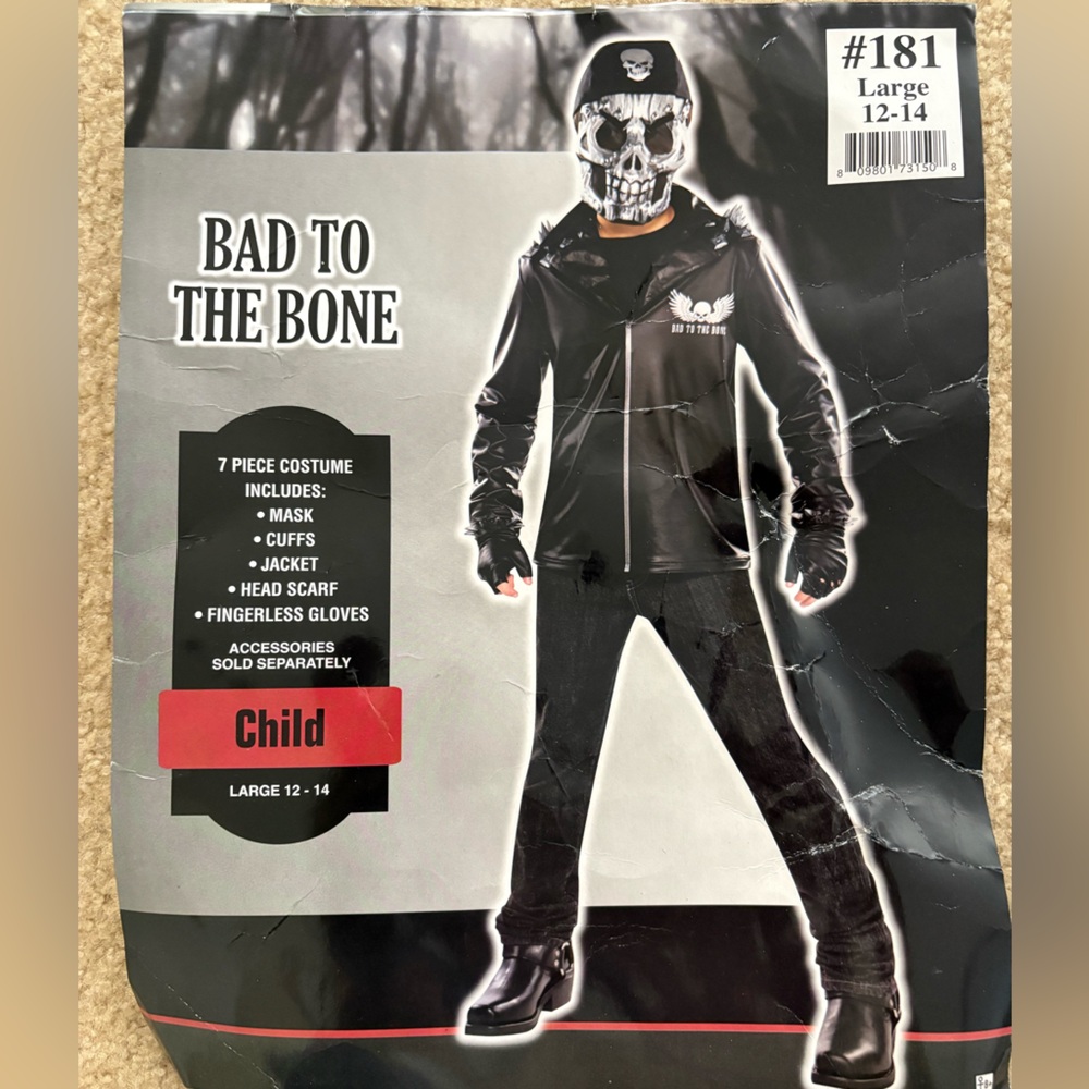 Bad to the‎ Bone Child Costume L 12-14 Skull Mask Jacket Gloves Halloween